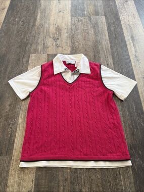 Alfred Dunner Pink White Cable Sweater Polo Top Preppy Vintage Petite Medium